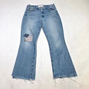 Mother Superior Flare Jeans Women 27 Blue Patchwork Bandana Raw Hem High Rise